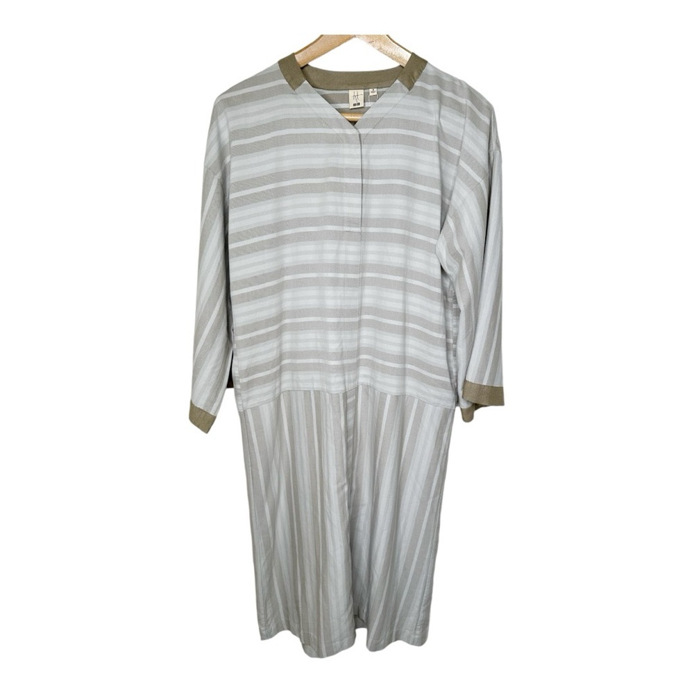 Uniqlo X Hana Tajima Midi Dress Size Medium Tan Cream Stripe 3/4 Sleeves New